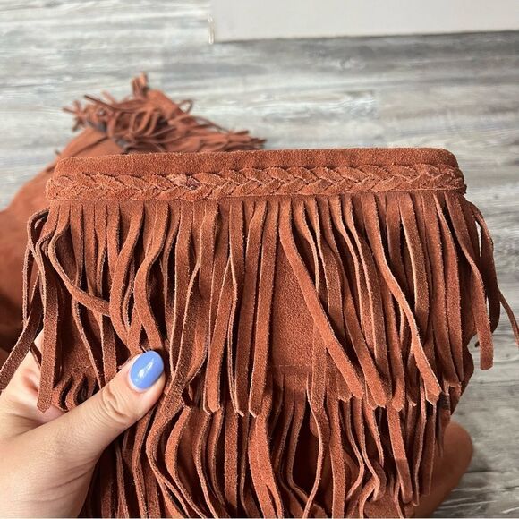 Gianni Bini rust suede knee high tall slouchy fringed boots with 1" wedge - Picture 7 of 14